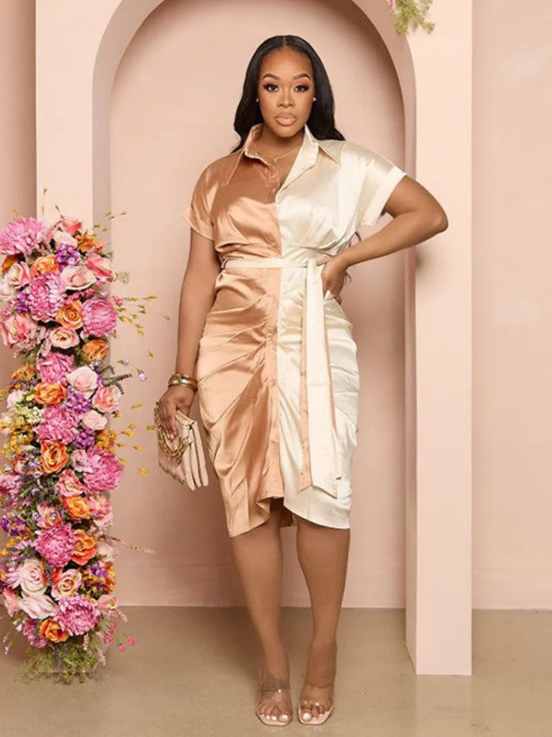 Robe chemise en Satin de couleur contrastée, Streetwear, vêtements d'été pour femmes, manches courtes, moulante, mi-longue, tenue décontractée