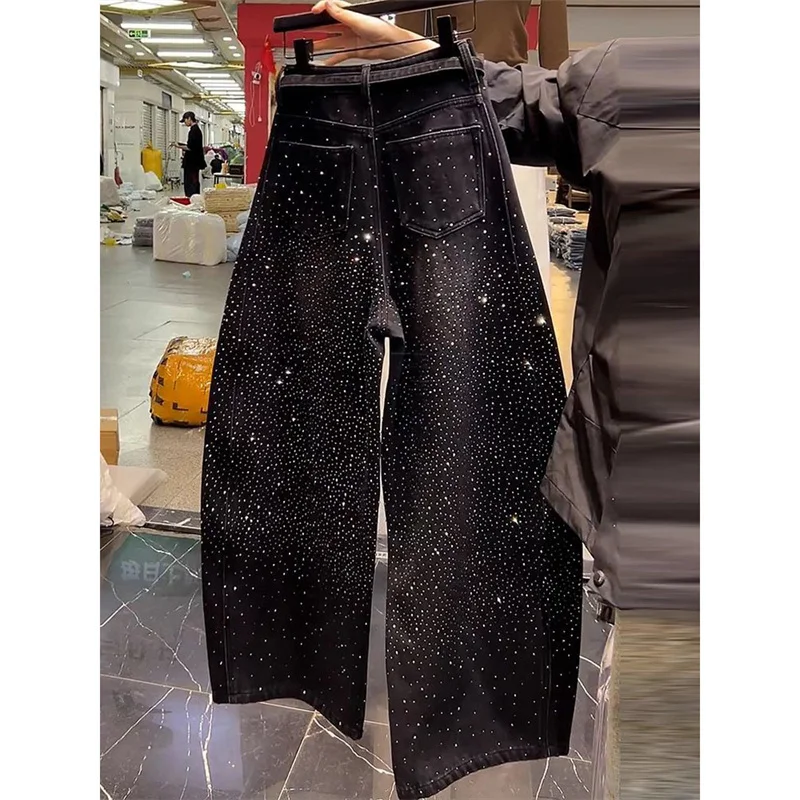 American Retro Starry Hot Diamond Splicing Jeans For Women Autumn Winter Fashion Loose BF Style Long Wide-leg Denim Pants