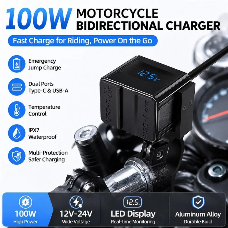 A48P-Moto Accessories 100W Motorcycle Charger With Type-C USB Fast Charging Port Socket Voltmeter Display