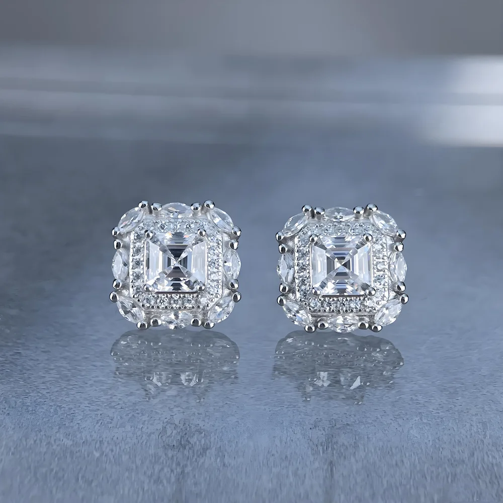 S925 sterling silver pagoda stud earrings 5x5mm square micro-inlaid diamond fashion earrings women's exquisite high-end jewelry