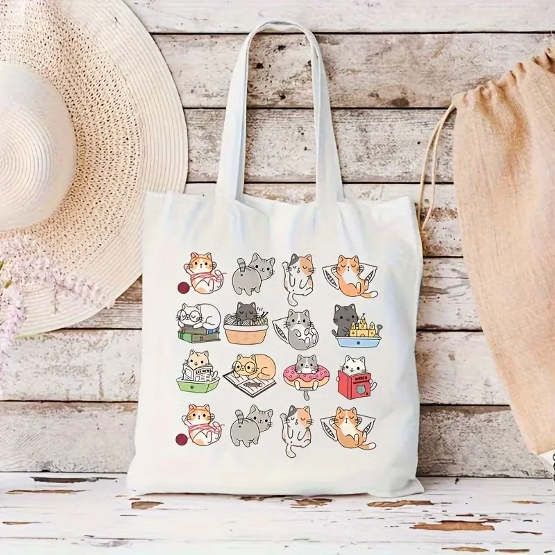 Women's Cute Cat Print Tote Bag- Light Beige Handbag with Black Cat& Paw Print Design, Multi-Functional Grocery Travel Bag, Gift view 2