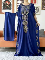 2024 Muslim Abaya Solid Color Cotton Embroidery Dress Short Sleeve Loose Dress Elegant Summer Maxi Casual Dress with Scarf