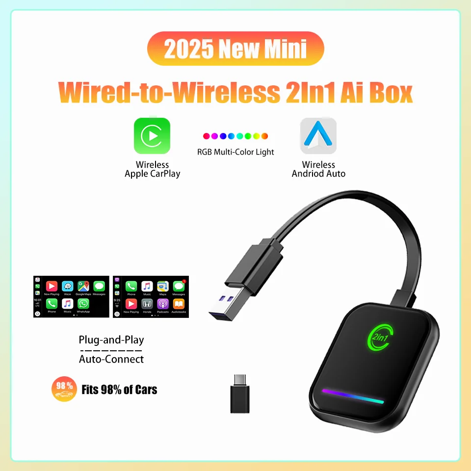 

2025 New LED Carplay Adapter Wired to Wireless 2in1 Adapter for CarPlay & Andriod Auto for Volvo Volkswagen Toyota Skoda Mazda