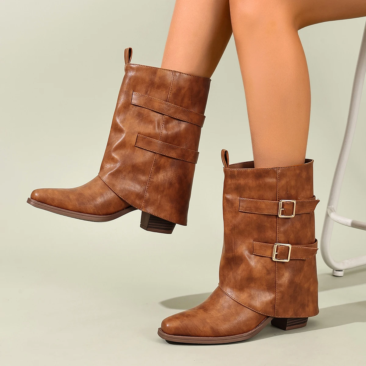 

Women's Mid-Calf Boots, Retro Belt Buckle Knight Boots, Women's High-Heeled Short Boots, Large Size Brown Fashion Boots, Versatile Western Boots for Work and Play
