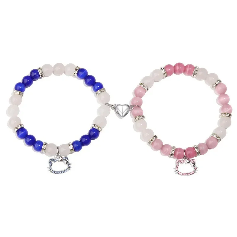 2 Stuks Spin Kat Charme Kralen Armband Voor Beste Vriend Multi Color Cat Eye Heart Armband Set Rode Blauwe Kralen Vuurbal Spacer