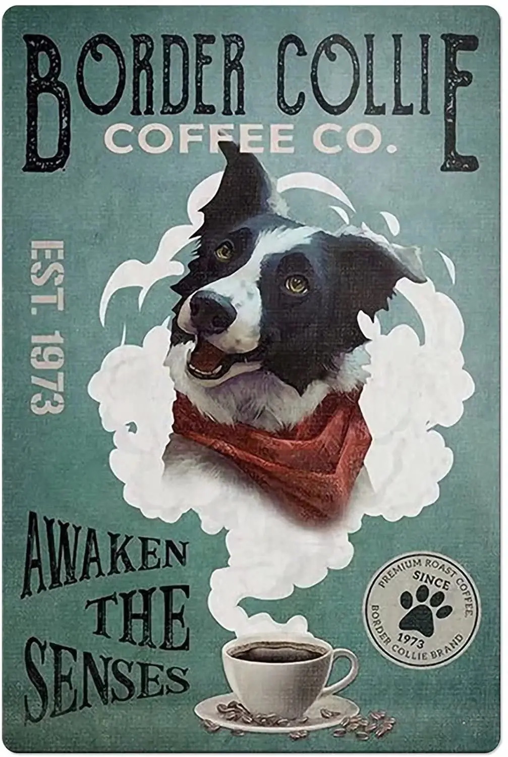 Geuuki Metal Tin Sign Border Collie Dog And Coffee Sign Vintage Tin Sign Retro Sign Aluminum Signs for Kitchen Home Office Bar C