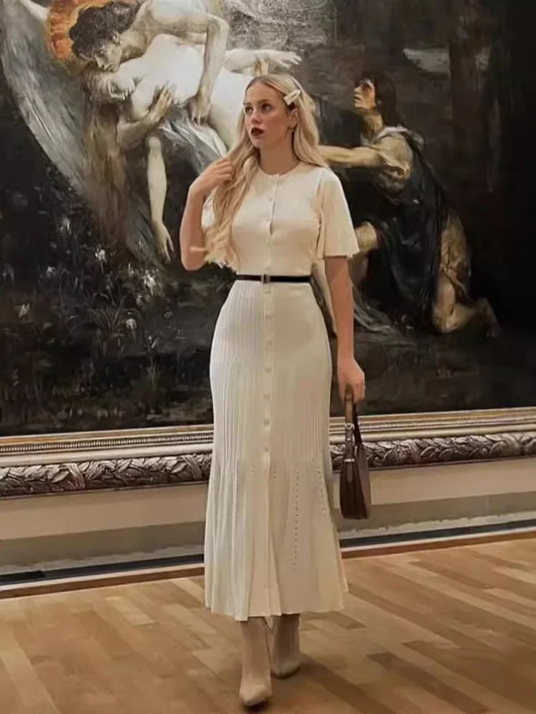 Cárdigan de cuello redondo de una sola botonadura para mujer, vestido Delgado sexy, Vestido largo de cola de pez de punto, ropa elegante para mujer, nuevo