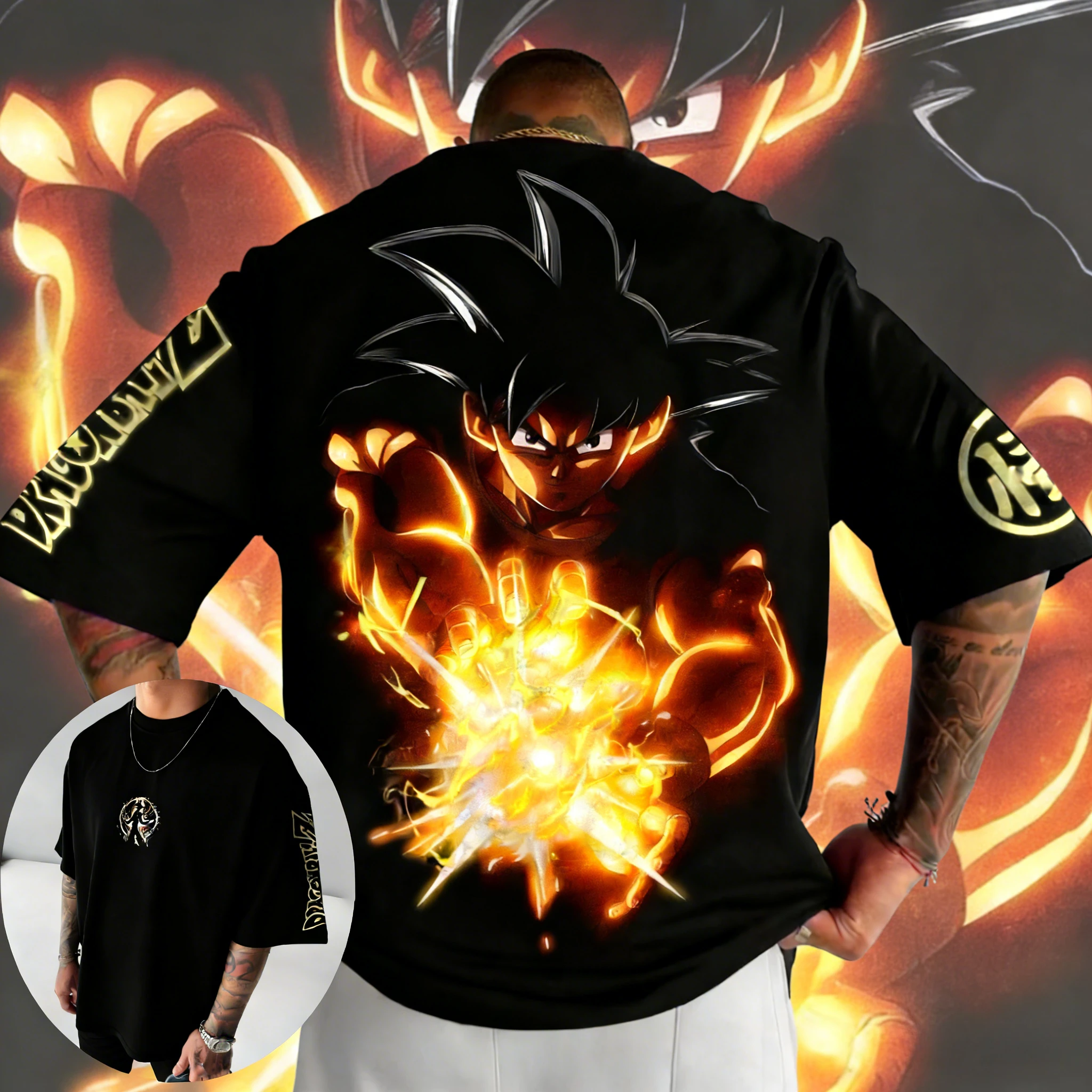 2026 Sommer Dragon Ball Retro T-Shirt, Herren Reines Baumwoll-Oversize-Shirt mit Goku Kamehameha Flammen-Print, Unisex & Kindergrößen Verfügbar