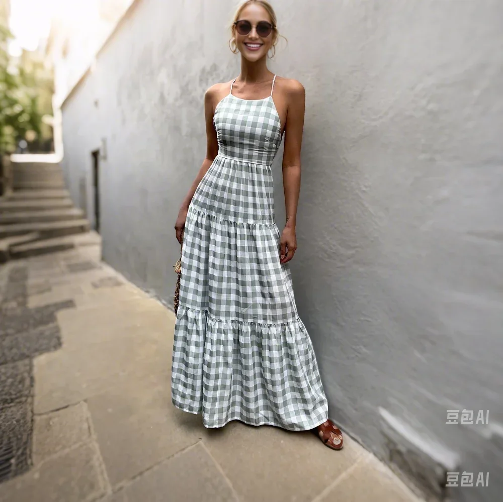 Pop Green and white checkered backless camisole maxi dress in vacation style