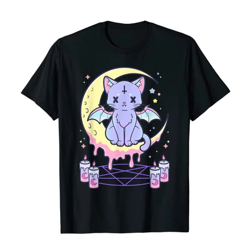 Kawaii Pastel Goth Cute Creepy Black Cat T Shirt Women Goth Printed Tops Creative Pattern Personalized Street Tee Y2k Hombre