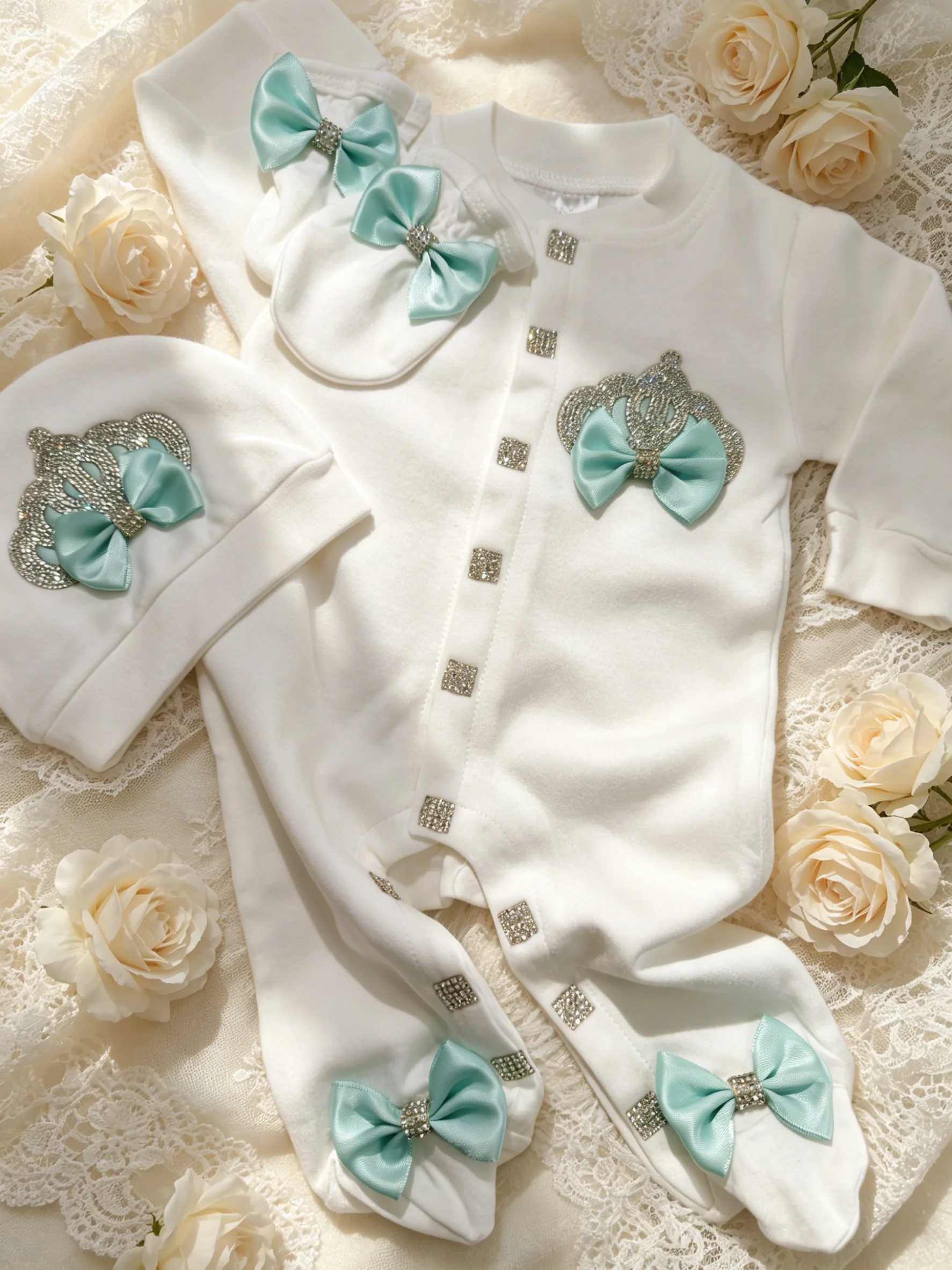Premium Newborn Baby Girl Romper 3Pcs Set Mint Green Bow Rhinestone Crown Footed Long Sleeve Hat Mittens Luxury Gift Outfit