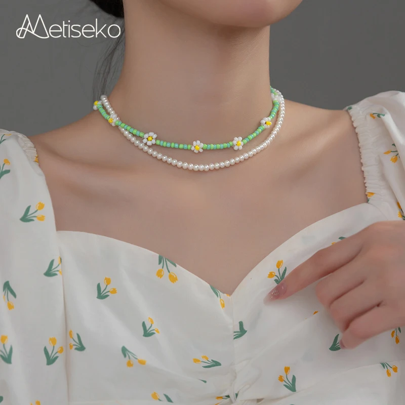 

Metiseko Natural Freshwater Pearls & Colorful Flower Beads Choker Necklace Double Layers with 925 Silver Buckles Fresh Sweet