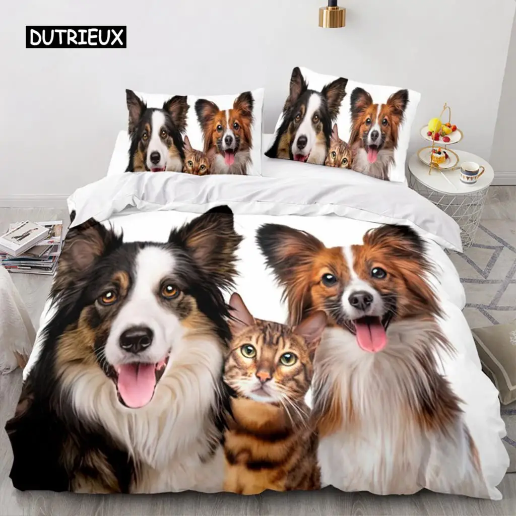 

Dog Cat Bedding Set Animal Painting Dogs White Duvet Cover Double King Queen for Kids Boys Women Girls Men Bedroom Decorations