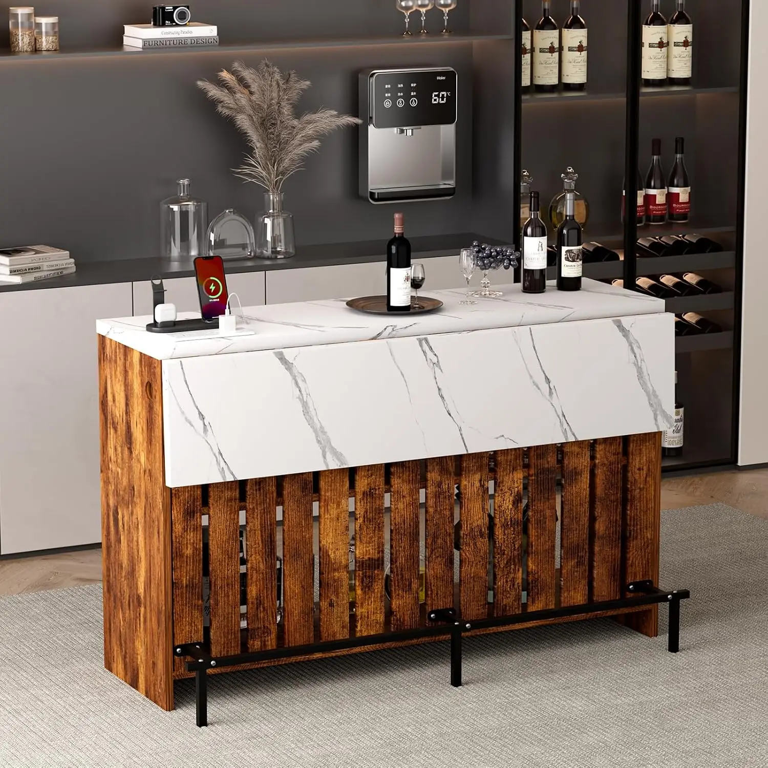 Mini Bar Unit with LED Lights & Charging Station, Marble Look Pub Table with 2-Tier Storage, Drop Leaf Kitchen Island for Dining