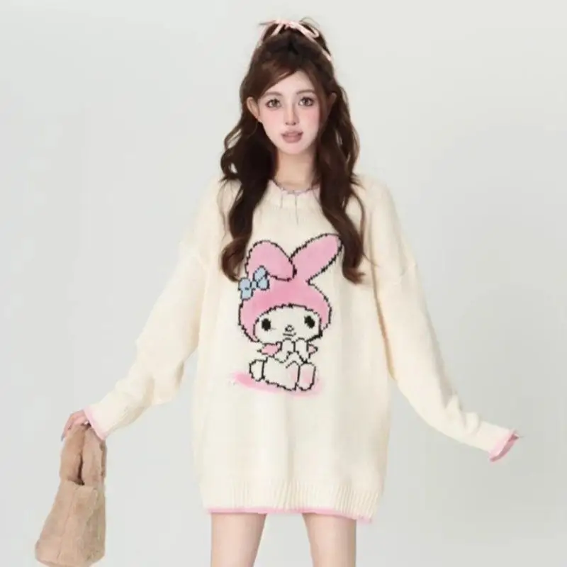 Hot Sanrios My Melody Knitted Sweater Anime Loose Crew Neck Tops Cute Casual Pullover Cartoon Bottoming Shirt Sweet Girl Gift