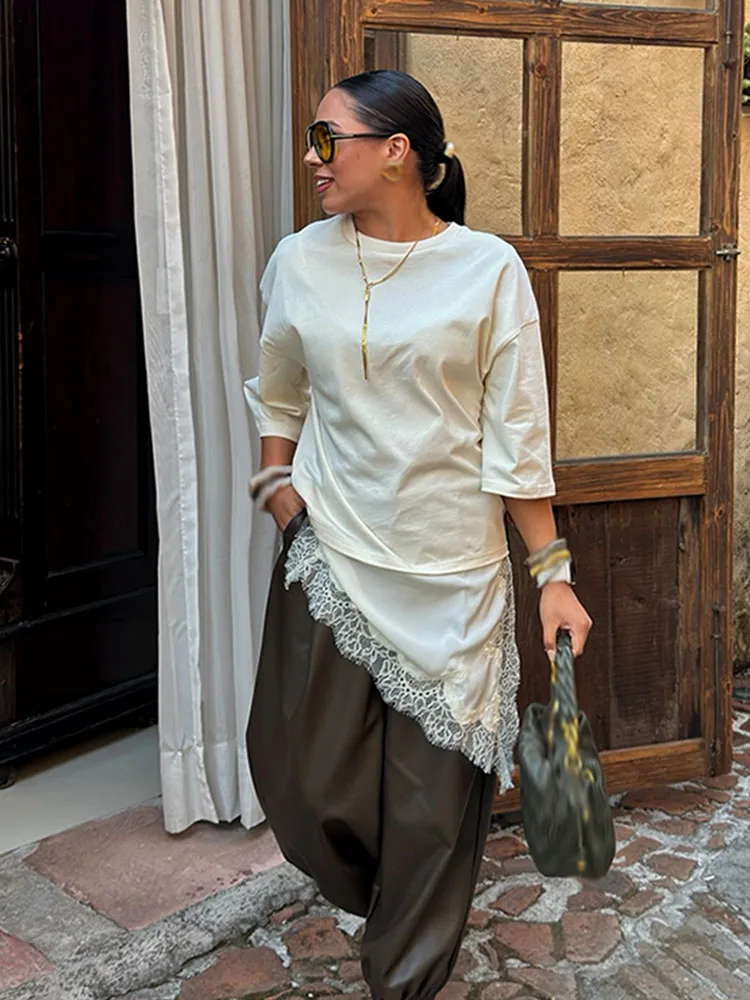 

HH Spring Woman Round Collar Short Sleeves Asymmetrical Splice Lace Decoration T-shirt Female Chic 2-Color Elegant Solid Tops