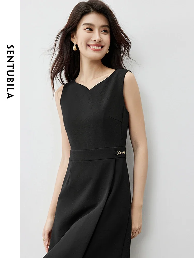 SENTUBILA Asymmetrical Fitted Black Dress for Women 2024 Elegant V Neck Unlined A-line Sleeveless Tank Dress Summer 142L54294