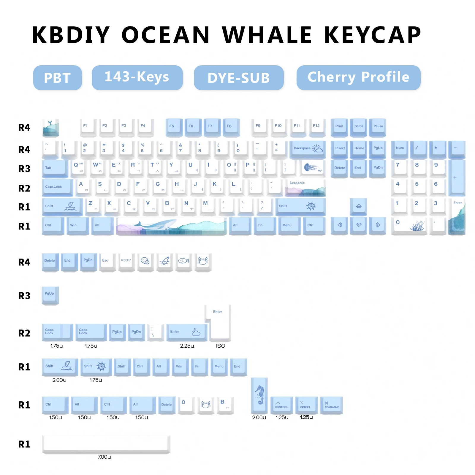 KBDiy Cherry Profile Keycaps for Mechanical Keyboard Game 143 Key PBT Ocean Whale Keycap for MX Switch Custom Dye Sub Blue White