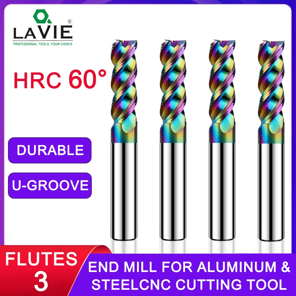 End Mill HRC60 3-Flute DLC Colorful Coating U-groove Aluminum Milling Cutter Tungsten Steel Carbide CNC Machinery Endmill Tools