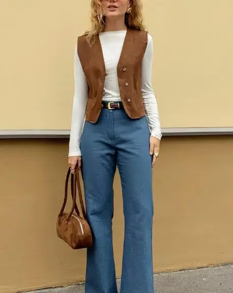 

Autumn Fashion British Retro Classic Solid Color Slim Fit Sleeveless Vest Jacket for Women Slim Fit V-Neck Short Vest Jacket