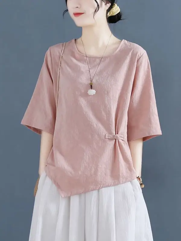 

New Chinese Sle irt Large Size Women's Cotton Linen Embroidered ort Sve T-irt Faionable Uneven Top Spring Summer