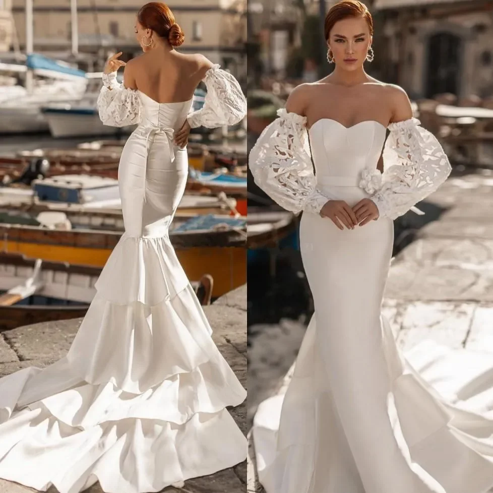 Unique Mermaid sweetheart Wedding Dress 3D flowers with Detachable Long Sleeve Off Shoulder Plus Size Garden Bride Dresses Robes