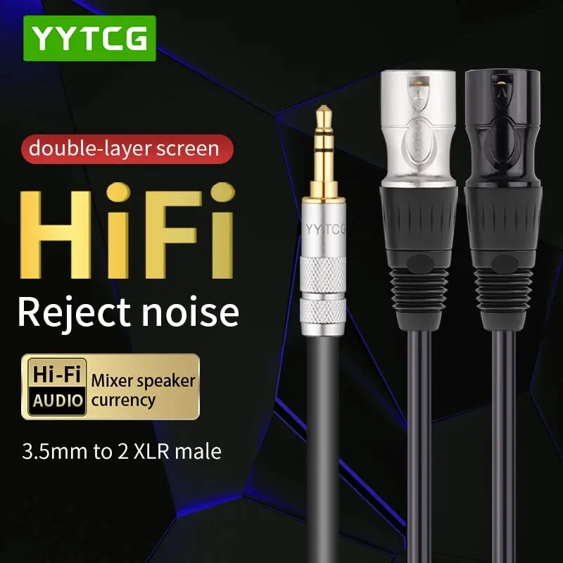 YYTCG 3.5mm Stereo Jack Male to Dual XLR Male OFC Aux Audio Cable Foil+Braided Shielded For Speakers Mixer 0.5m 1.5m 3m
