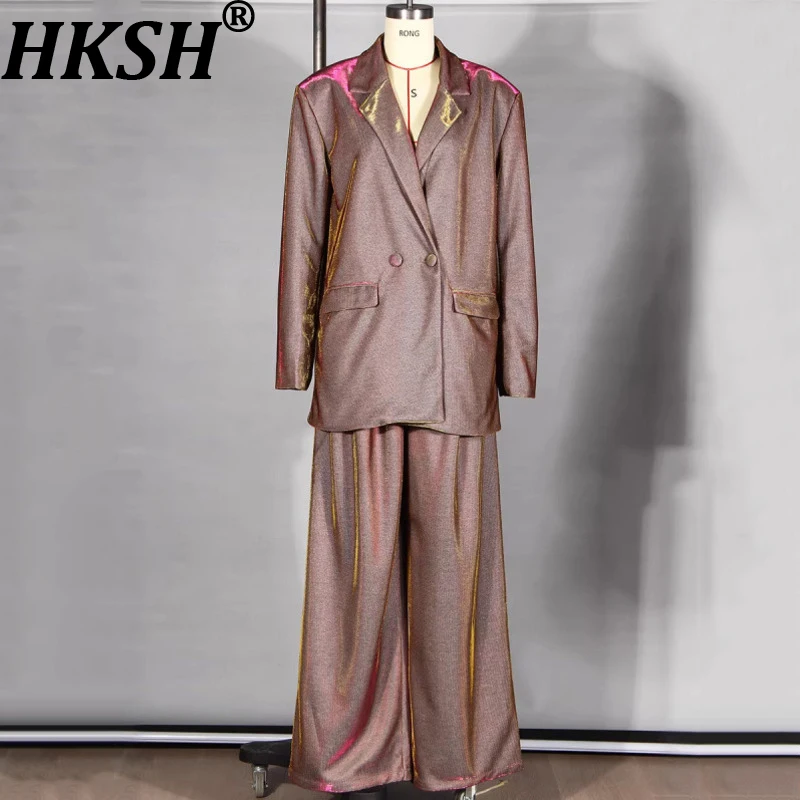 

HKSH Women Two-piece Set Shoulder Pads Metallic Gradient Double Breasted Blazer Coat Draped Wide Leg Pants High-end Suit HK20905