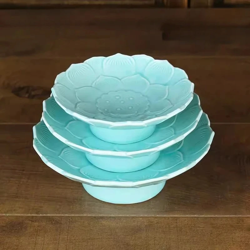 Celadon lotus flower supply plate Longquan Plate The Buddhist temple enshrines ceramic high footed plates Green Tribute Plate
