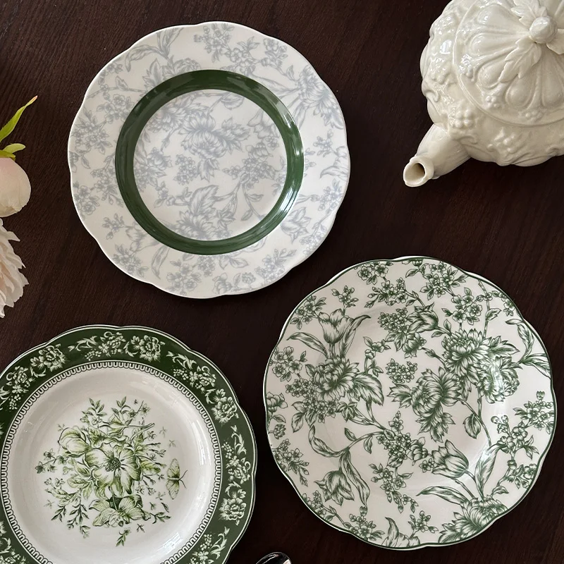 French Emerald Retro-style Embossed Lace Ceramic Dinner Plates, Ceramic Bowls, Rectangular Snack Plates, Steak Plates