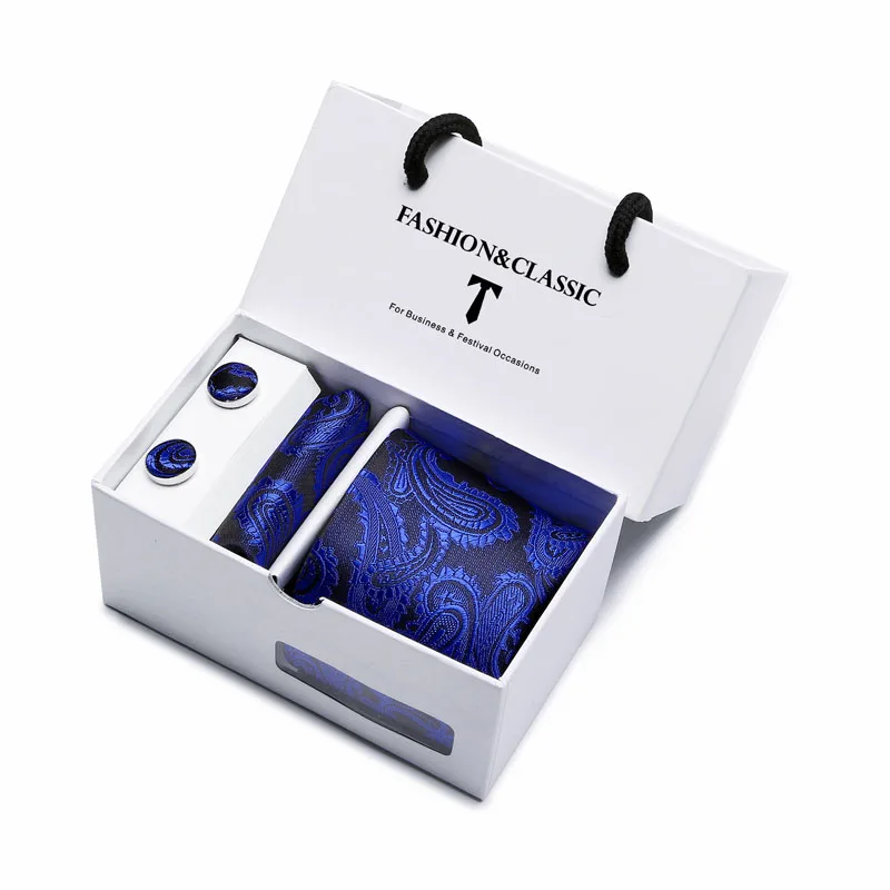Heißer Verkauf Schwarz Paisley Krawatte Einstecktuch Manschettenknöpfe Set Für Männer Formale Luxus Hochzeit Gravatas In Geschenk Box – Detail 19