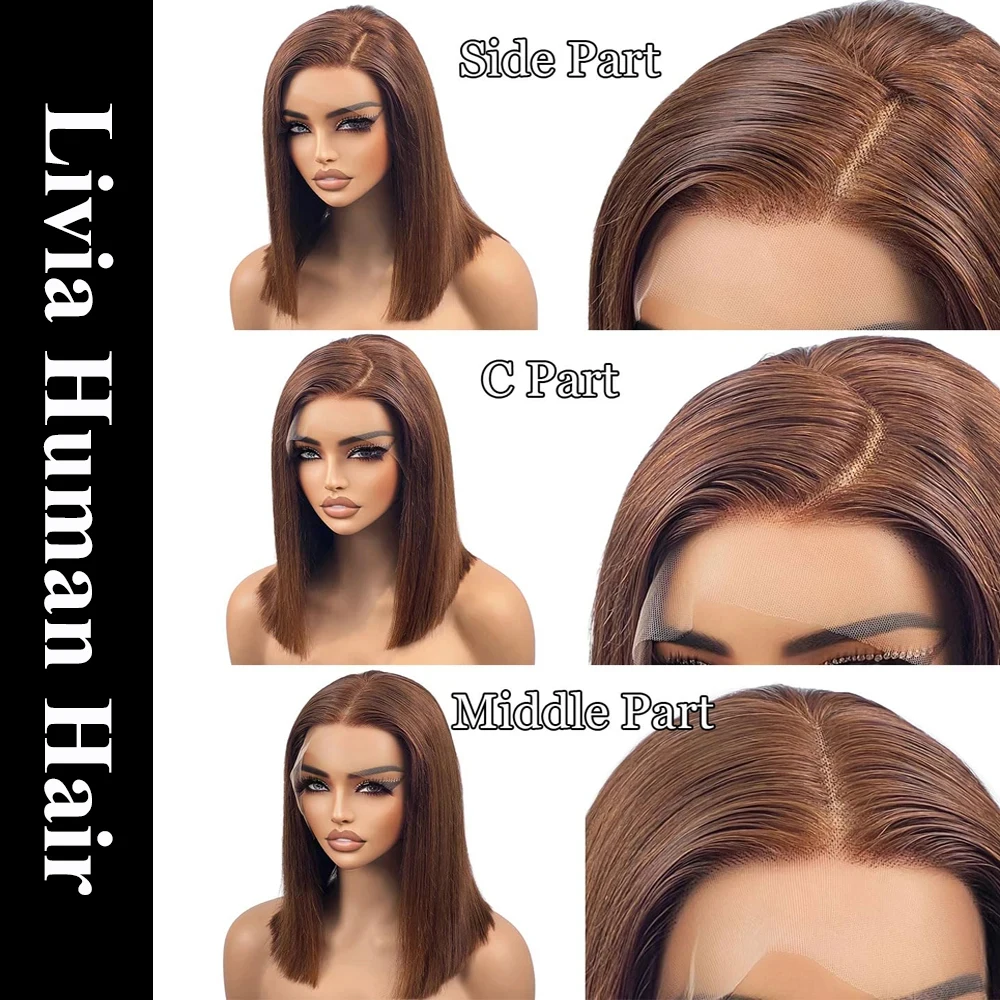 Bone Straight Bob Wigs Human Hair Chocolate Brown 13×4 Lace Front Human Hair Wig #4 Colored Wigs Bleached Knot 180% Density Remy