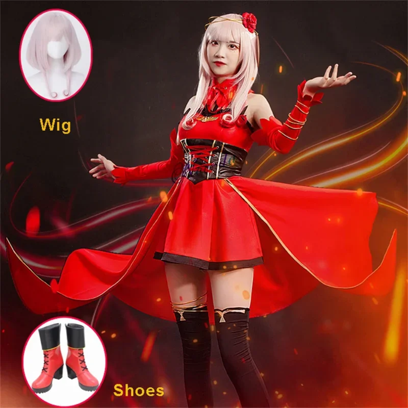 Anime Tapes On Destiny Cosplay Costume Shoes Wig Women Red Evening Party Fancy Tail Dress Prom Halloween Costume Props