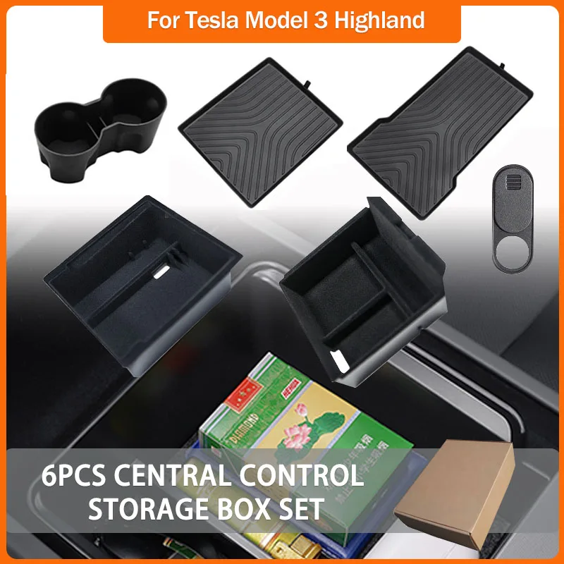 

For Tesla Model 3 Highland Storage Box Car Center Console Armrest Box Front and Rear Flocking Interior Organizer Set