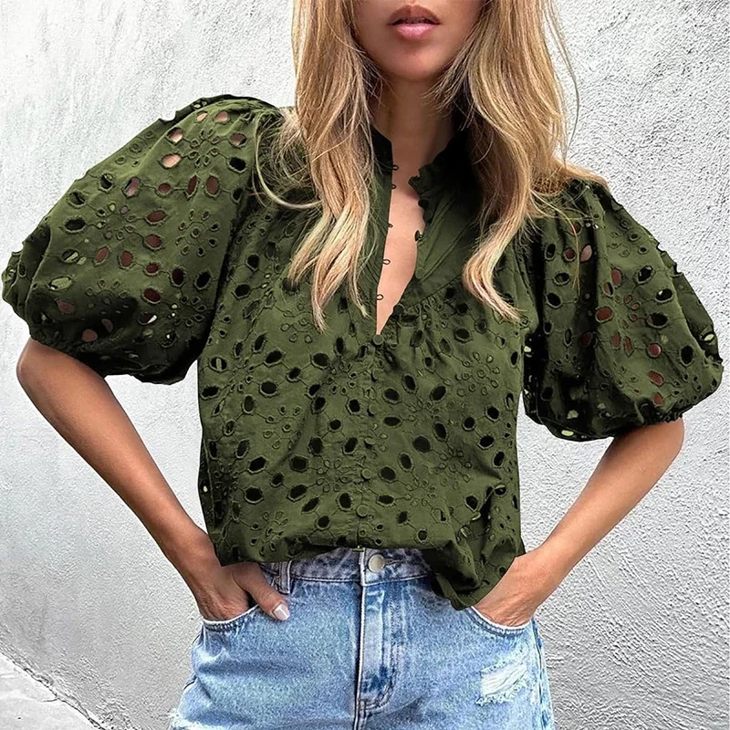 Show Style Deep V-Neck Embroidery Pullover French Chic Lantern Sleeve High Street Shirts Sexy Women Hollow Out Solid Blouse 2024