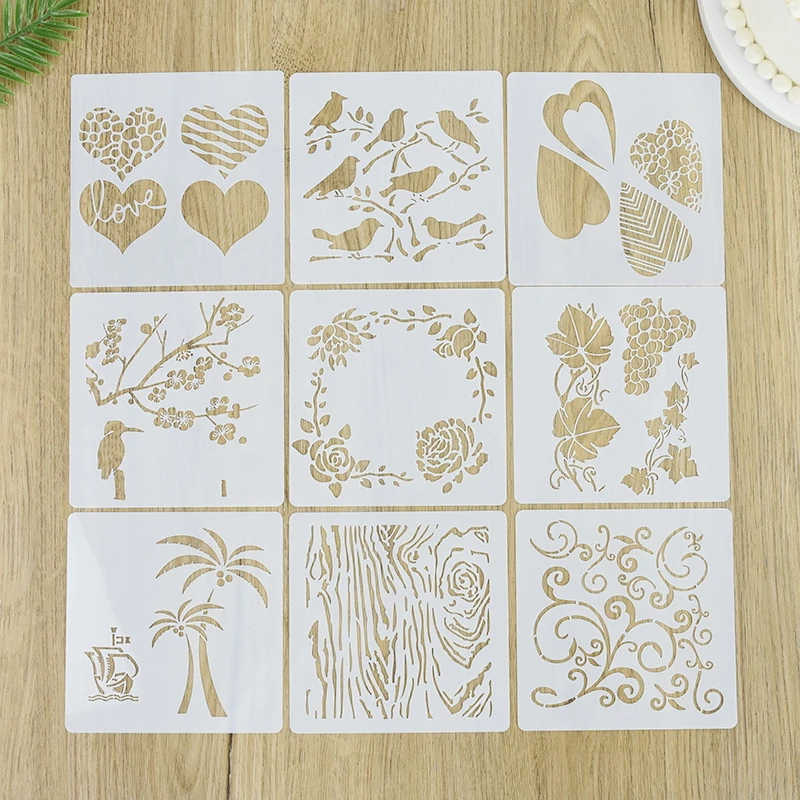 9Pcs Farm Flower Grass Painting Template Butterfly Bird Auxiliary Hollow Template Painting Gift DIY Drawing Supplies