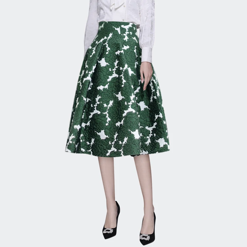 Vintage Court Style Green Jacquard Floral Skirt Women Mid-Length High Waist A-line Pleated High Rise Tutu Skirts 2023 Autumn New