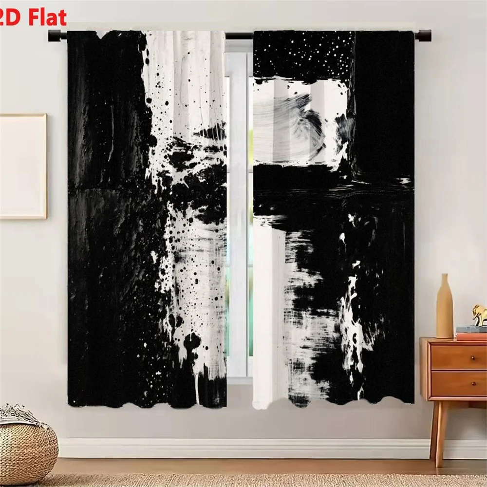 2Pcs Curtains 2D Flat Abstract Black And White Painting With Brush Strokes Splatters Textured Areas Vertical Horizontal Division