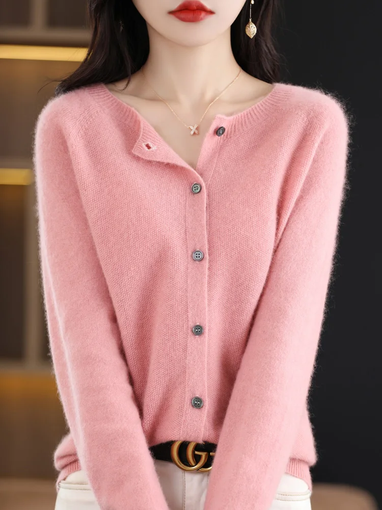 ADDONEE New Women\'s O-neck Cardigan Spring Autumn Long Sleeve Pure Color Sweater 100% Merino Wool Knitwear Soft Comfort Clothes