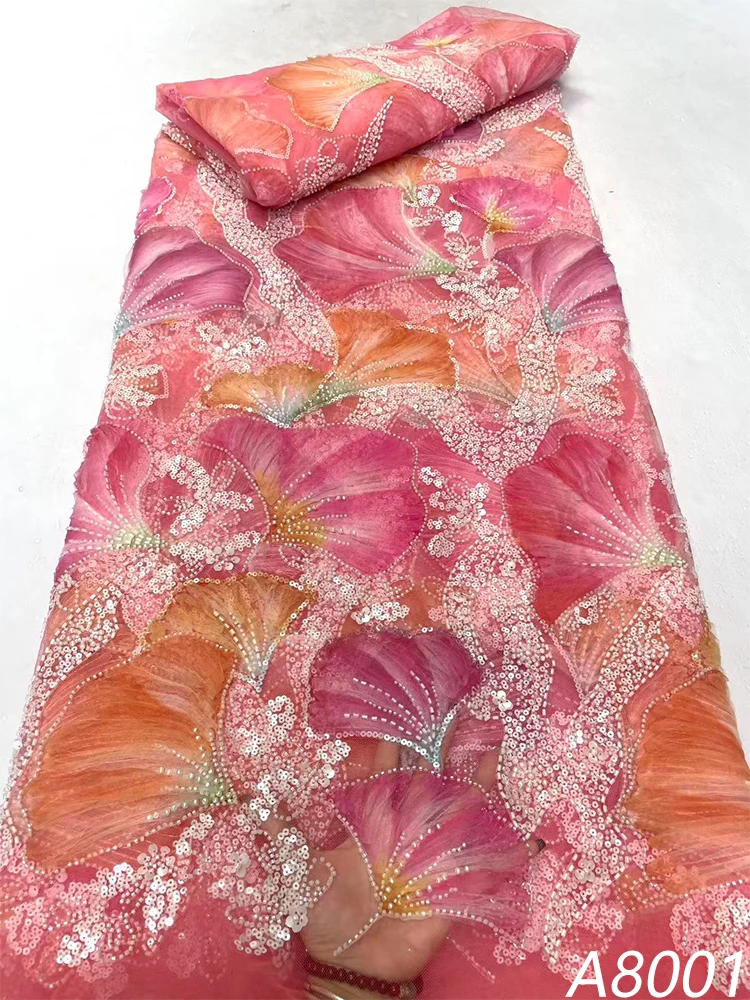 

2025 Luxury French Tulle Net Sequin Fabrics Beaded 3D Lace Fabric African Nigerian Lace For Wedding 5Yards