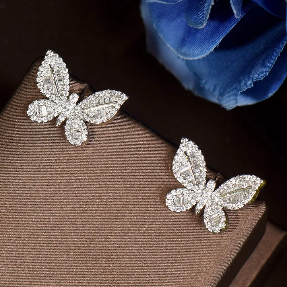 HIBRIDE Lovely Trendy Cubic Zirconia Stud Earrings Cute Vivid Insect Butterfly Shape Fashion Ladies Jewelry Bijoux Femme E-591