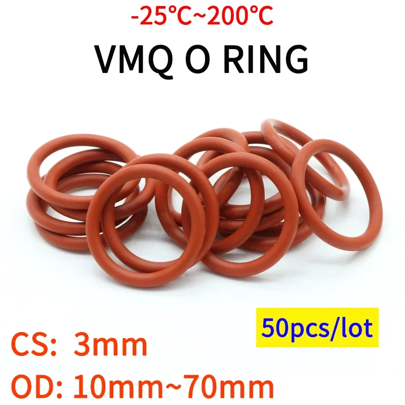 50pcs VMQ O Ring Seal Gasket Thickness CS 3mm OD 10 ~ 70mm Silicone Rubber Insulated Waterproof Washer Round Shape Nontoxi Red