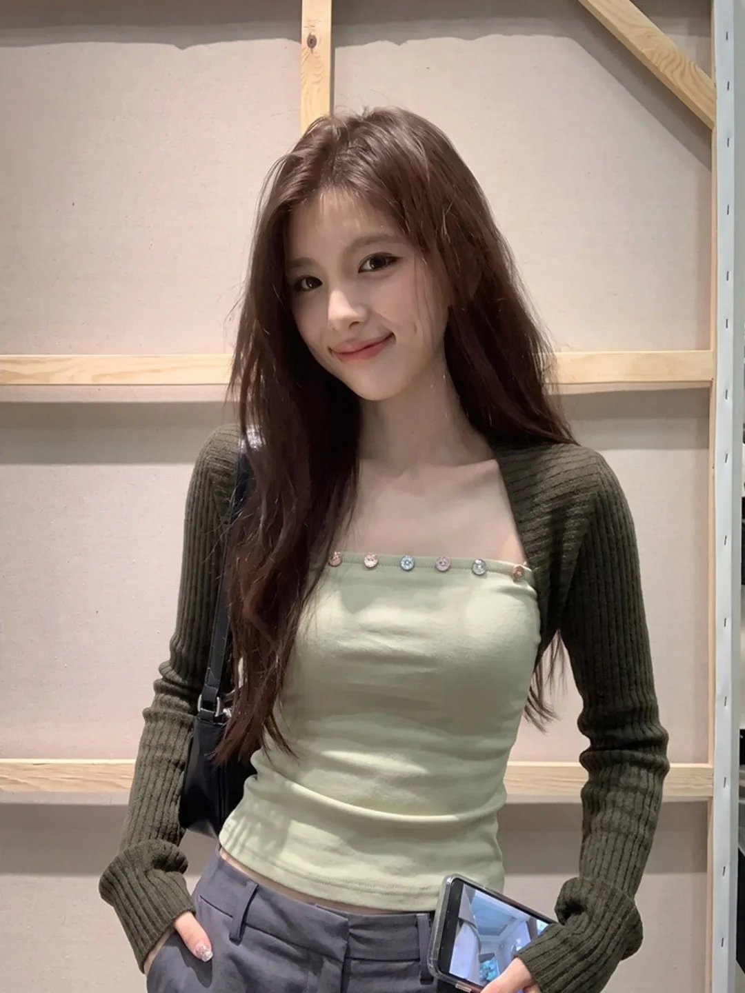 Slim Fit Long Sleeve T-Shirt Women's Early Autumn Green Square Collar Base Shirt Shawl Tube Top Two Piece Set Casual Style