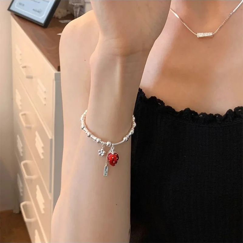 

2024 New 925 Sterling Silver Strawberry Tassel Bracelets for Women Girl Irregular Versatile Creative Jewelry Gift Dropshipping