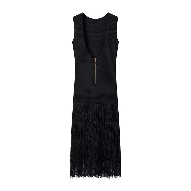 YENKYE Women Sexy Backless O Neck Sleeveless Long Fringe Dress Black Elegant Party Dress Female Maxi Vestidos