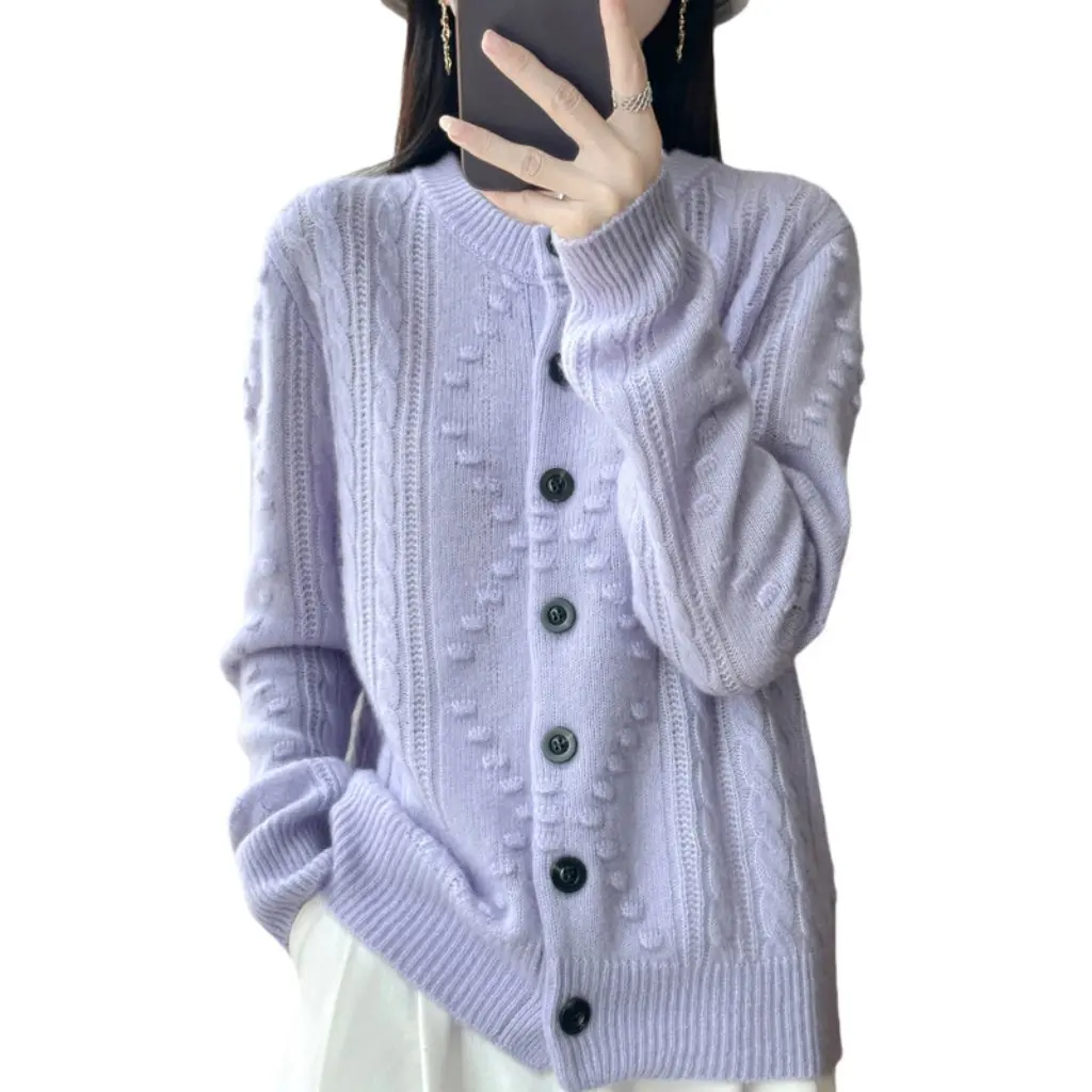 

Silk Wool Open Cardigan Women's Round Neck Thick Twisted Knitwear Loose Fashionable Knitted Top for Autumn Winter New Arrival
