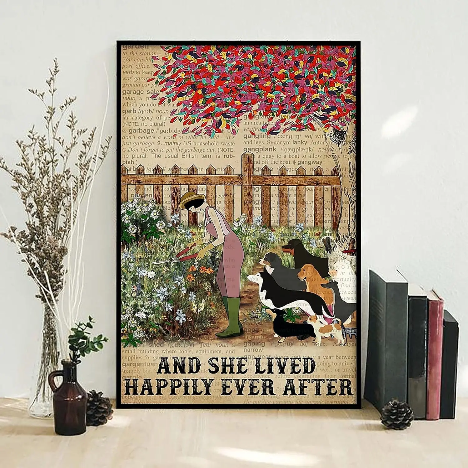 Vintage Metal Tin Sign Dogs and Garden Poster and She Lived Happily Ever After Vintage Poster Gardening Poster Dog Lovers Home D