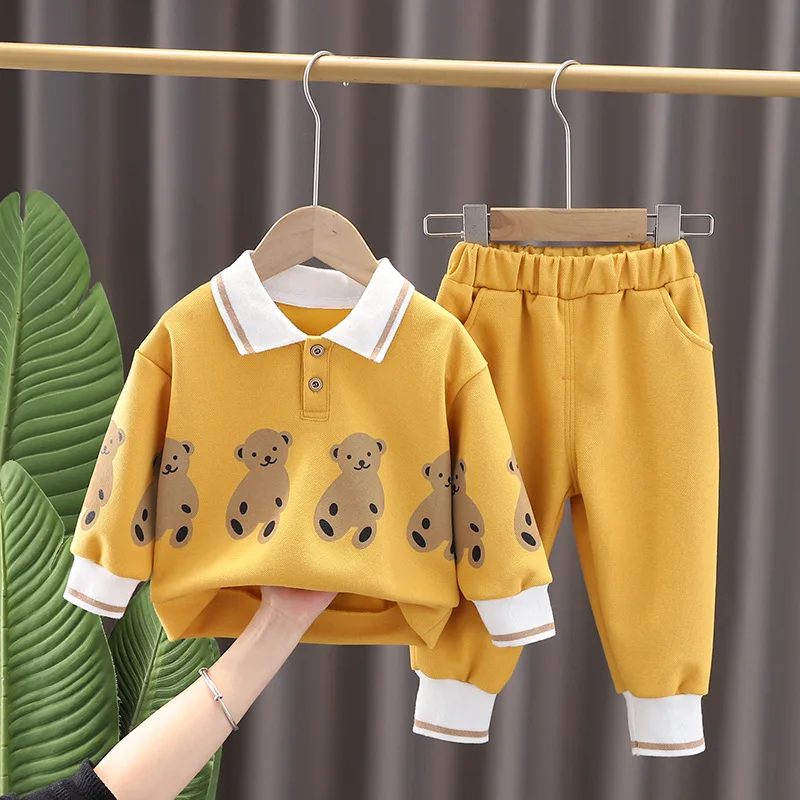 Baby Boy Clothes 2 to 3 Years Turn-down Collar Cartoon Printed Long Sleeved Hoodies Pants Infant Kids Bebes Tracksuits Outfits