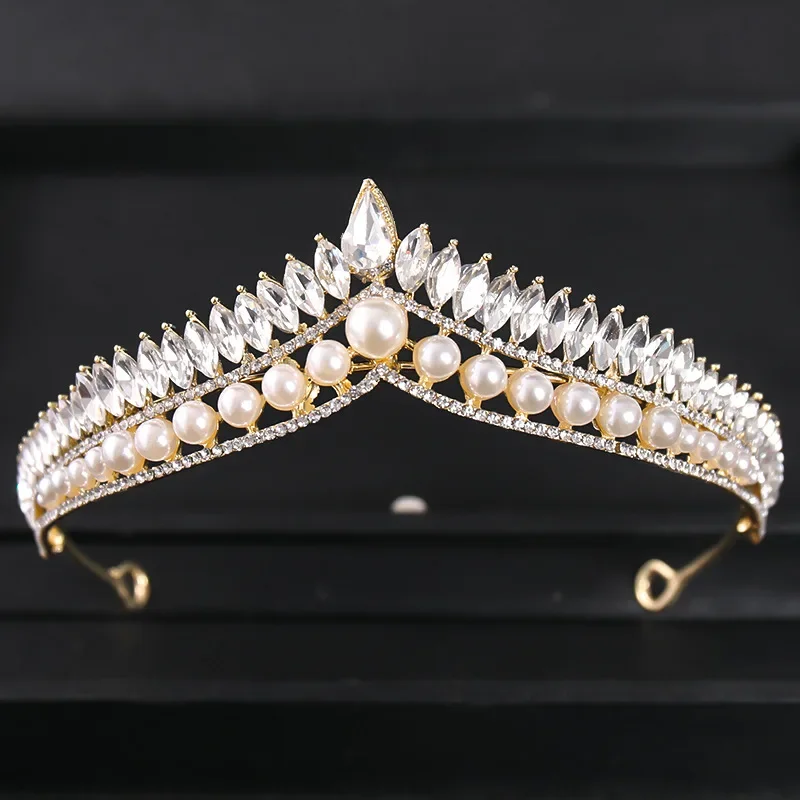 Silver Color Crystal Pearl Crown Tiara Luxury Rhinestone Prom Diadem Crown Women Bridal Wedding Hair Accessories Jewelry Crown