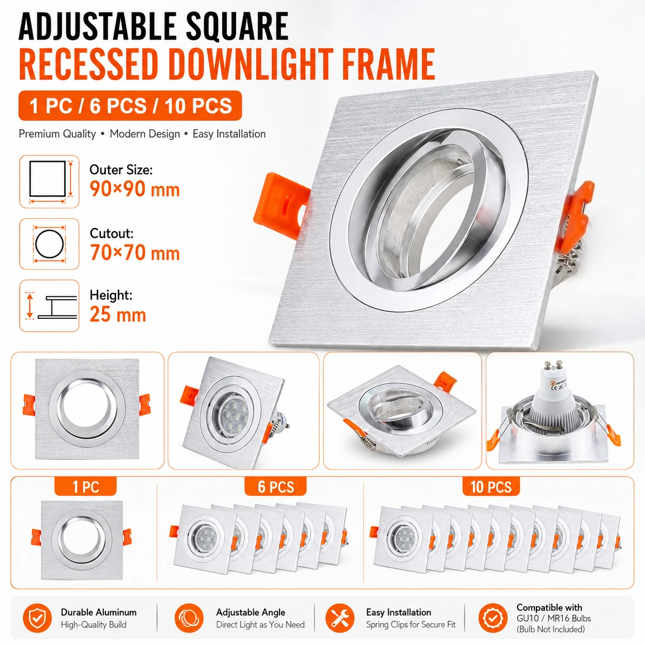JOYINLED Pack of 1/6/10PCS Cutout 70mm LED Spotlight Frame Square Silver Fixture Holders Adjustable Downlight for MR16 GU10 Bulb